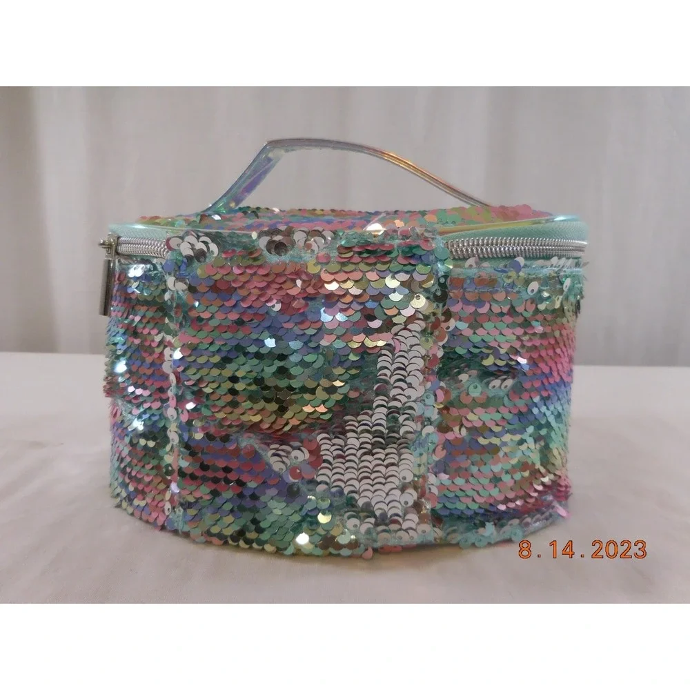 Girl's Justice Gold Flip Sequin Initial M Train Case Jewelry Makeup Case‎ Bag